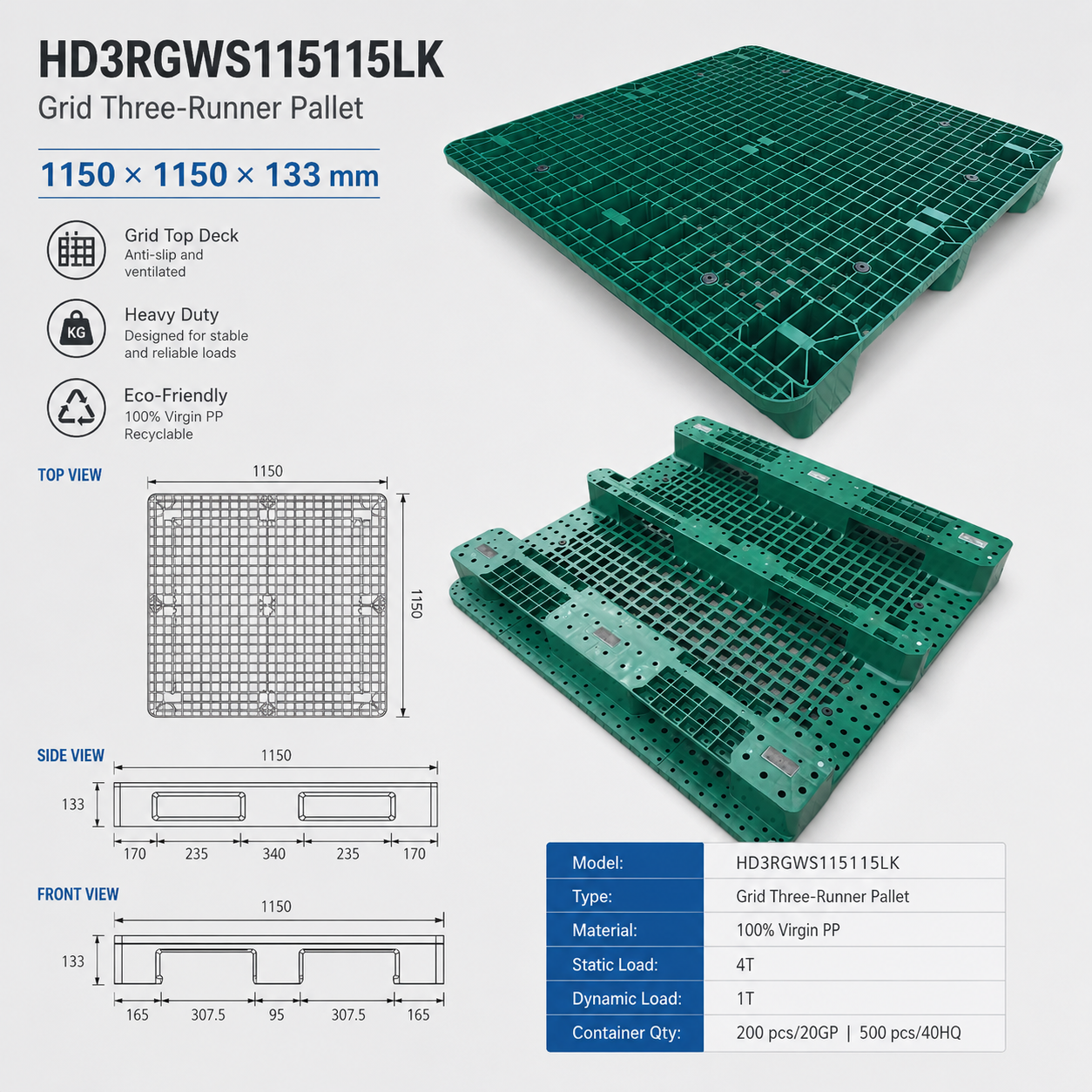 HD3RGWS115115LK Three-Runner Open Deck Plastic Pallet