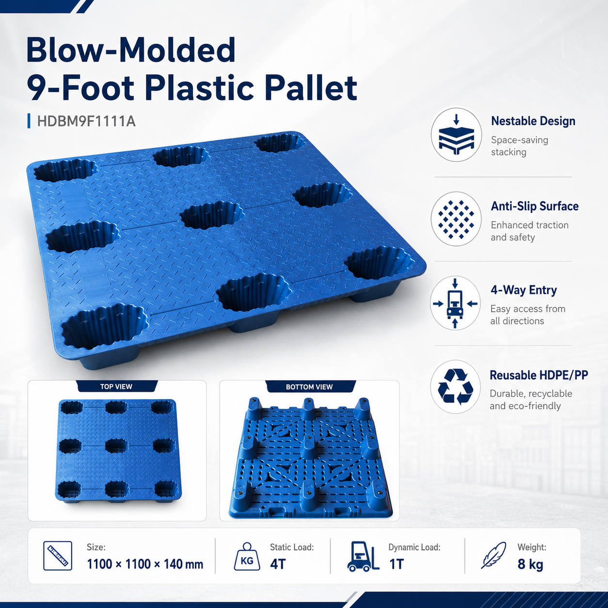 1100x1100x140 mm Blow Molded Plastic Pallet