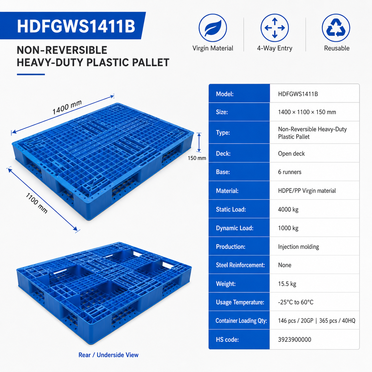 HDFGWS1411B Full Perimeter Open Deck Plastic Pallet