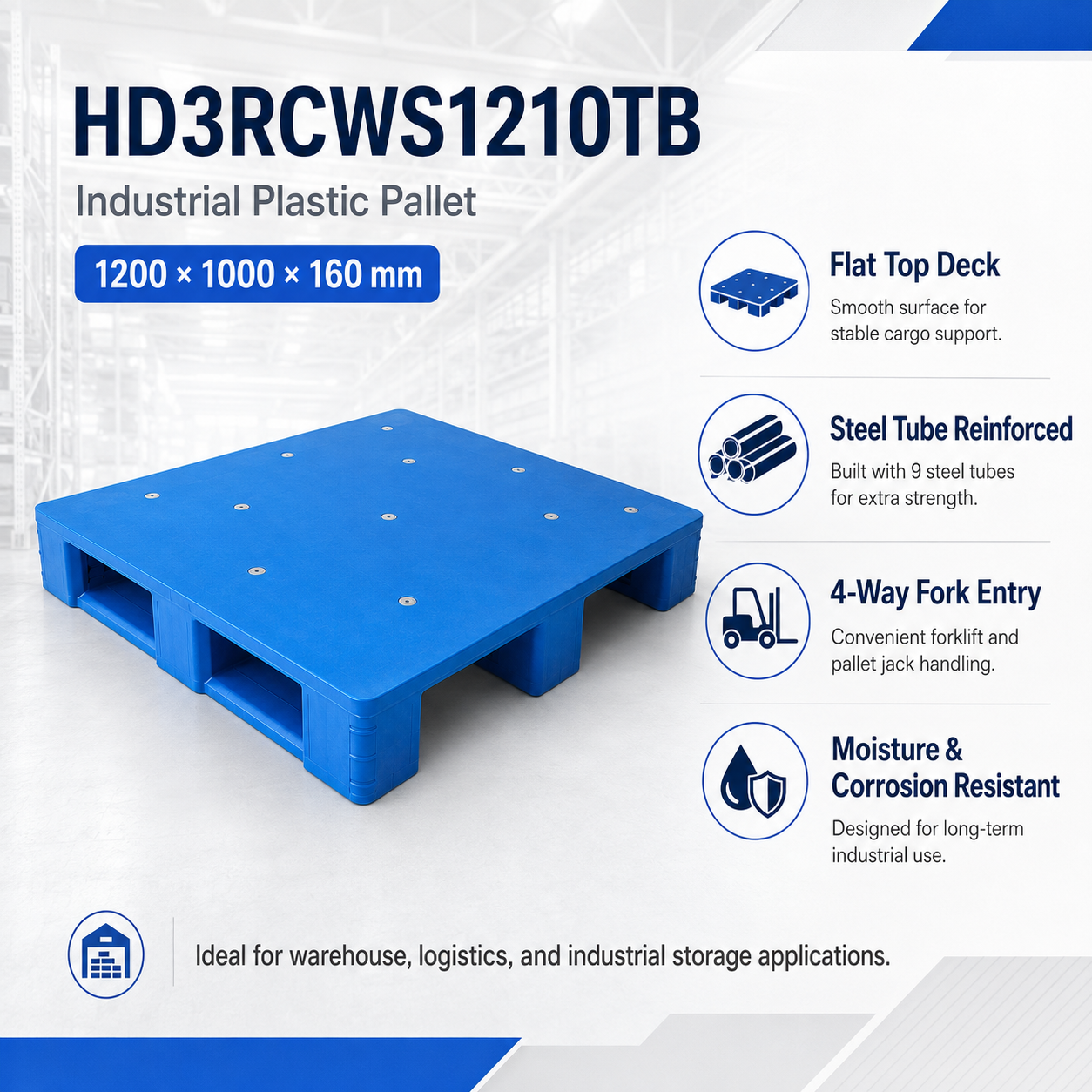 1200x1000x160 mm Three-Runner Solid Top Plastic Pallet