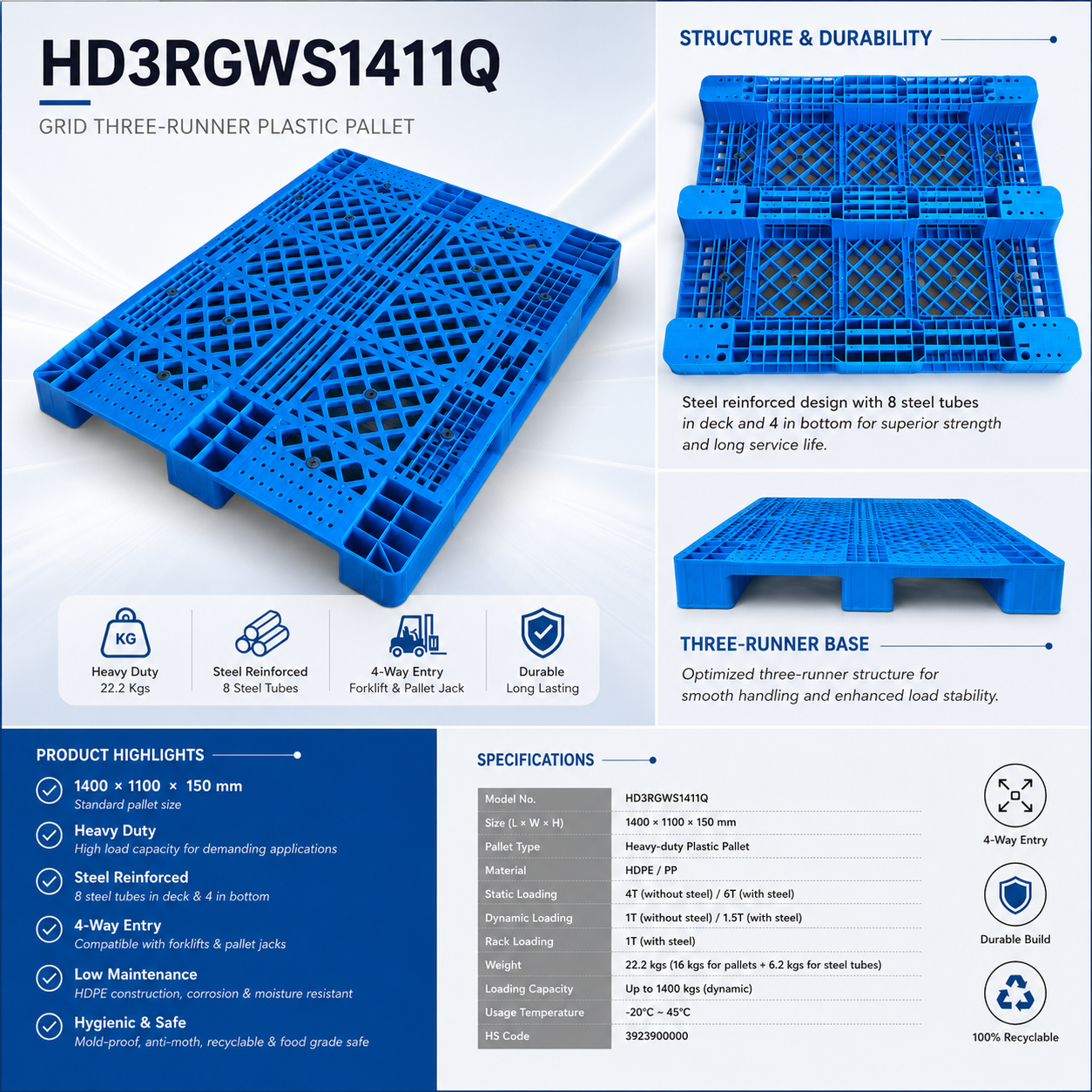 1400x1100x150 mm Three-Runner Open Deck Plastic Pallet