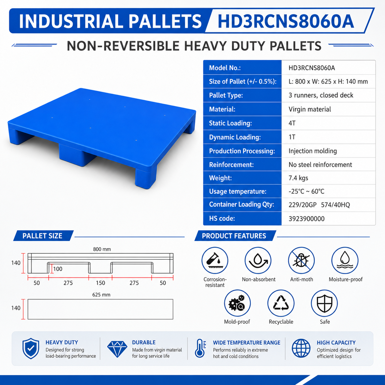 800x625x140 mm Three-Runner Solid Top Plastic Pallet
