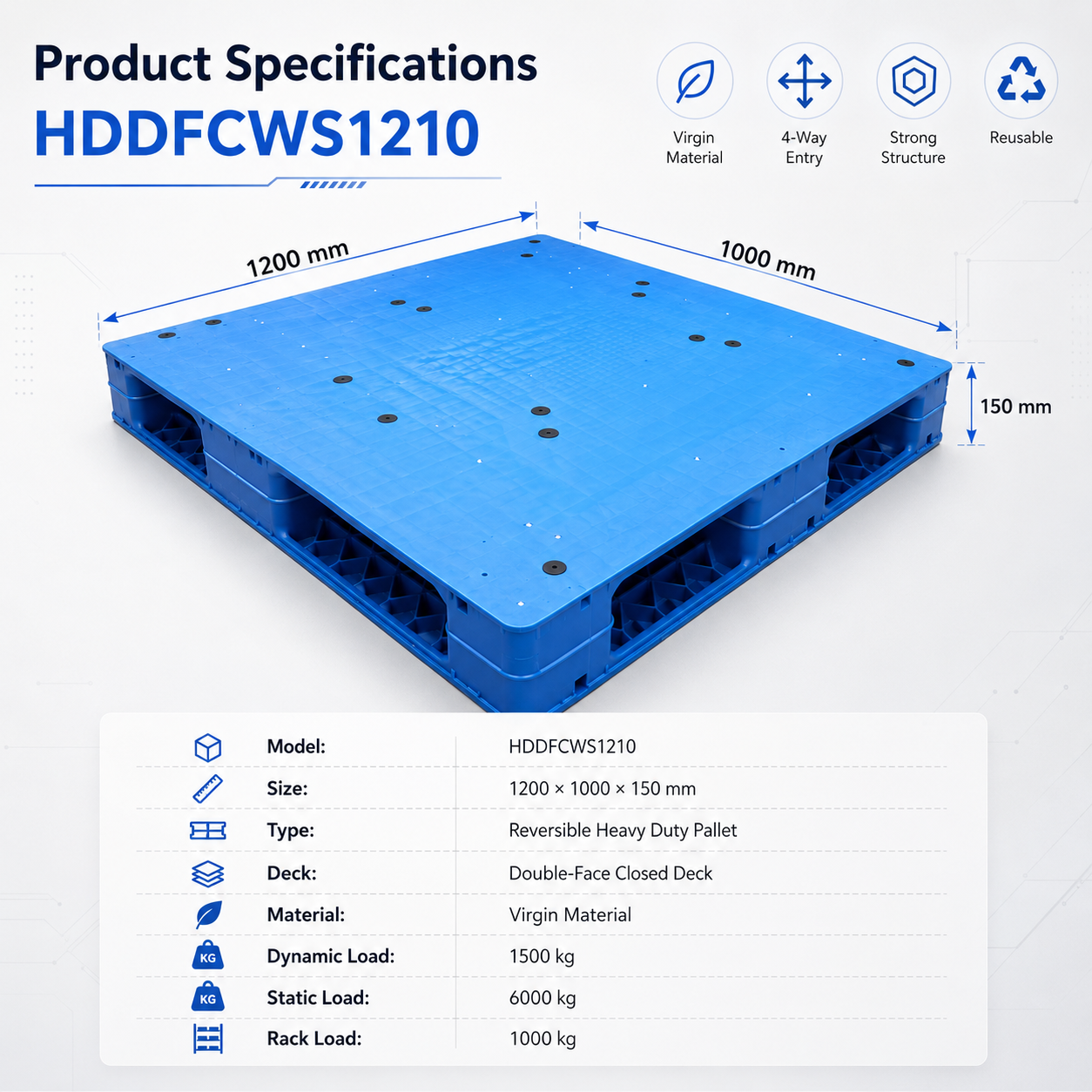 1200x1000x150 mm Double-Face Solid Top Plastic Pallet