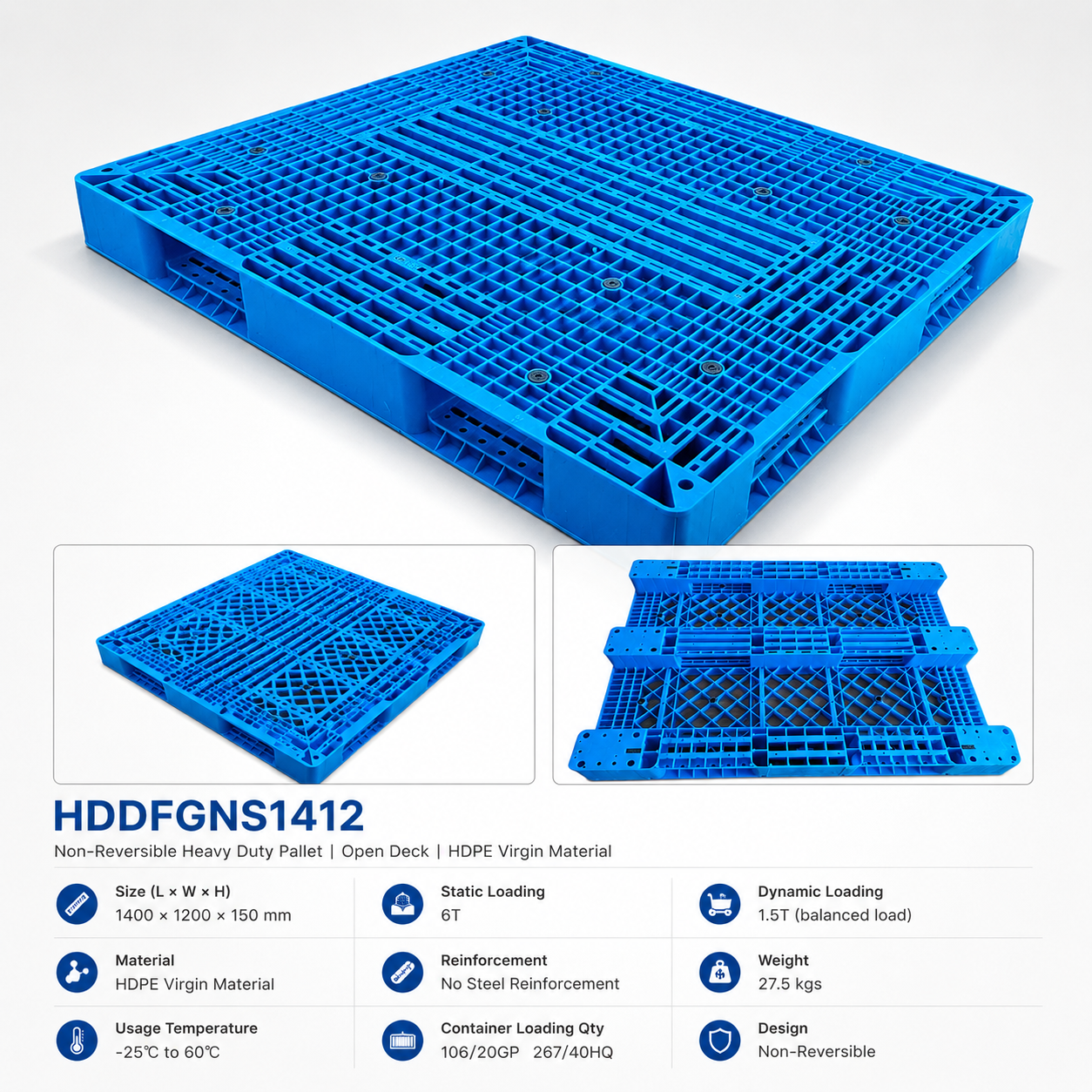 1400x1200x150 mm Double-Face Open Deck Plastic Pallet