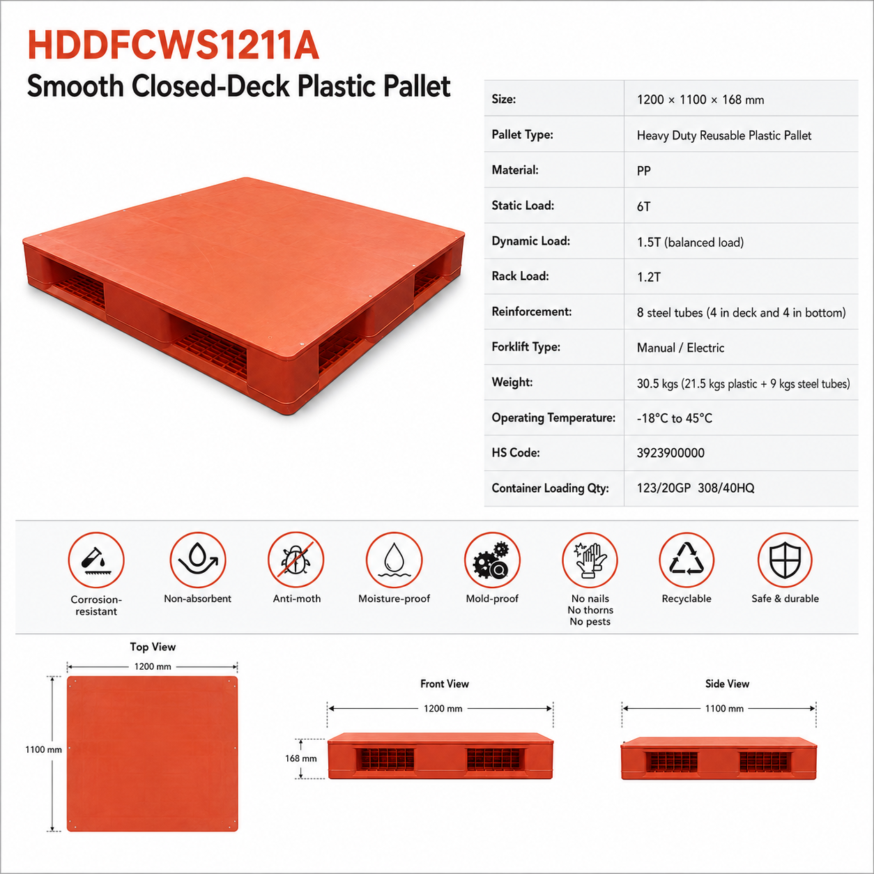 1200x1100x168 mm Double-Face Solid Top Plastic Pallet