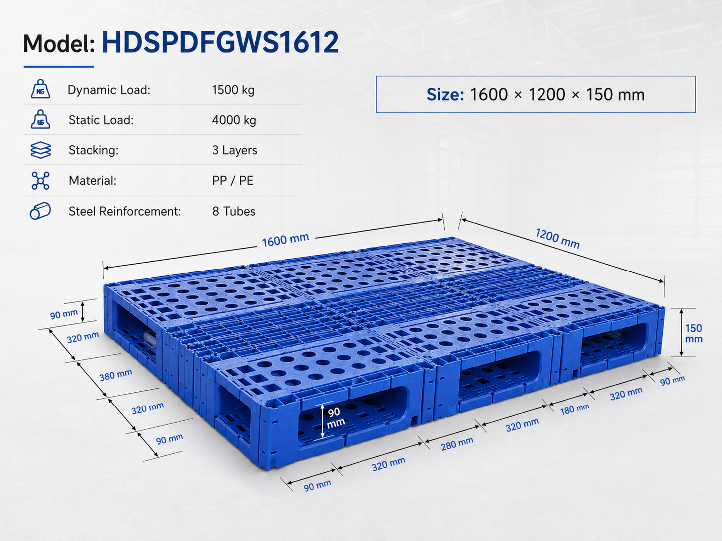 1600x1200x150 mm Modular Plastic Pallet