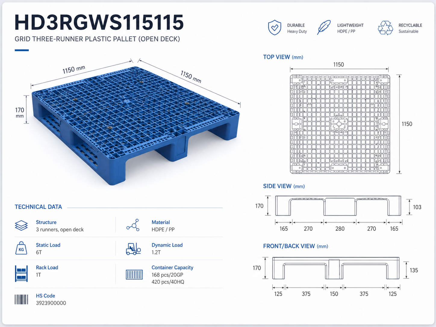 1150x1150x170 mm Three-Runner Open Deck Plastic Pallet