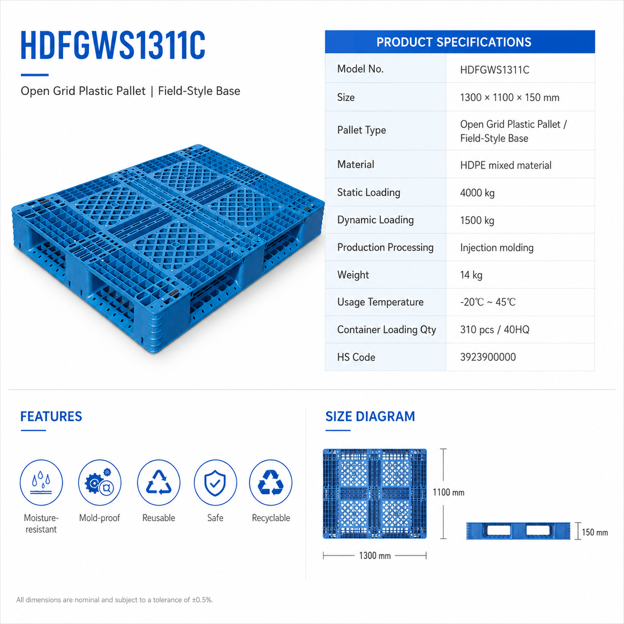 1300x1100x150 mm Full Perimeter Solid Top Plastic Pallet