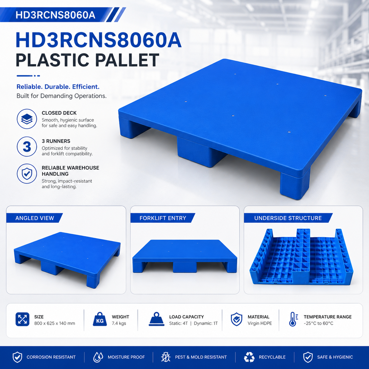 800x625x140 mm Three-Runner Solid Top Plastic Pallet