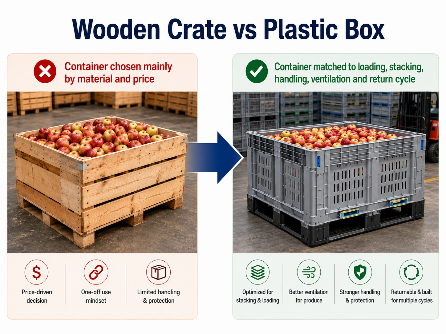 Wooden crate vs plastic pallet box - container chosen by material and price versus container matched to loading stacking handling ventilation and return cycle