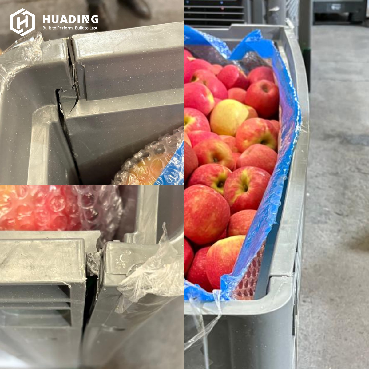 Cracked and deformed plastic bin on left versus apples properly packed in Huading reinforced container on right
