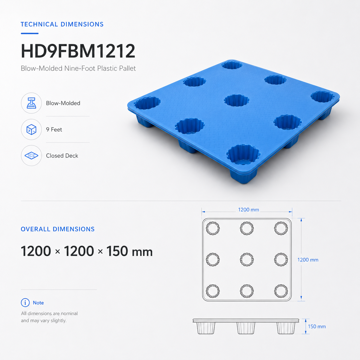 1200x1200x150 mm Blow Molded Plastic Pallet