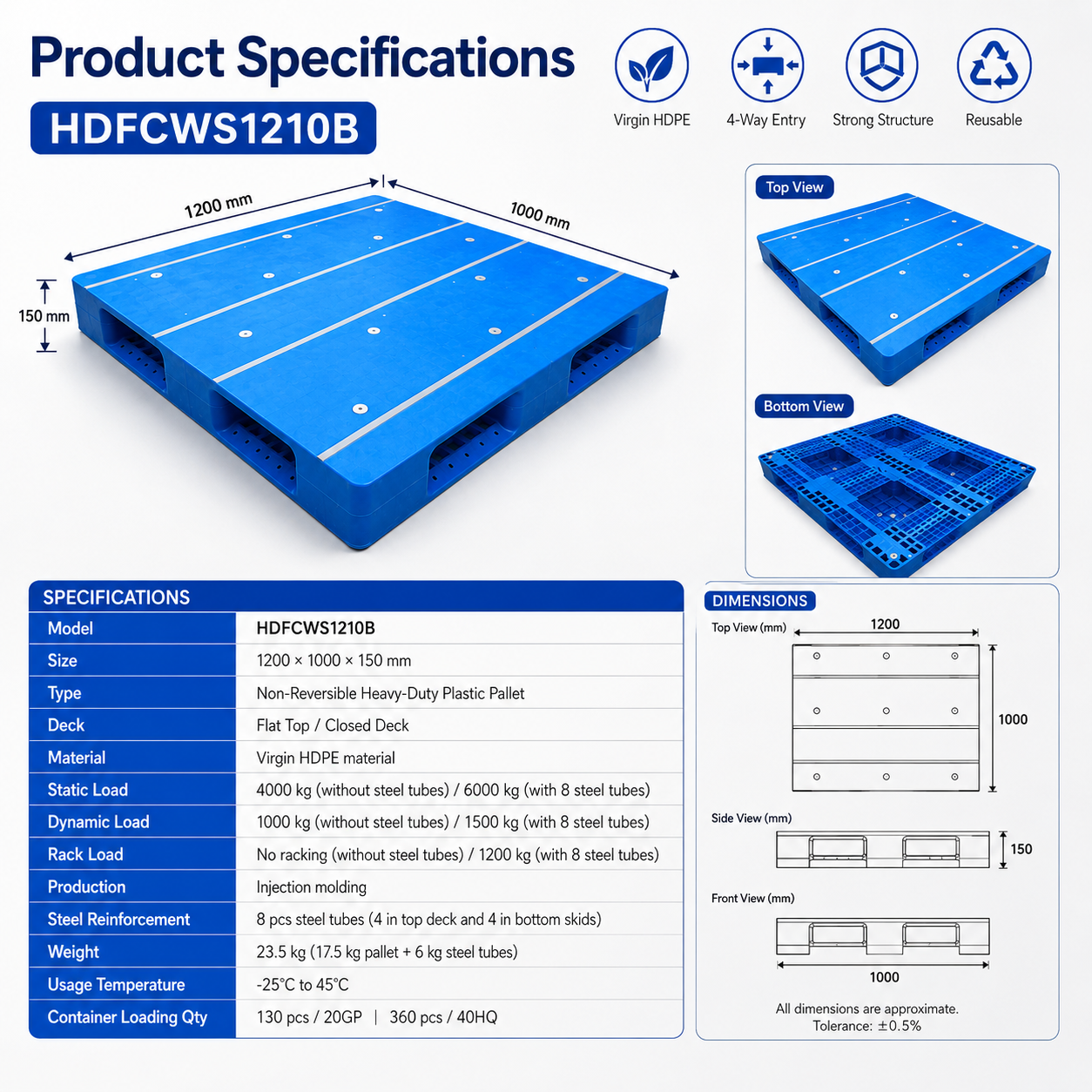 HDFCWS1210B Full Perimeter Solid Top Plastic Pallet