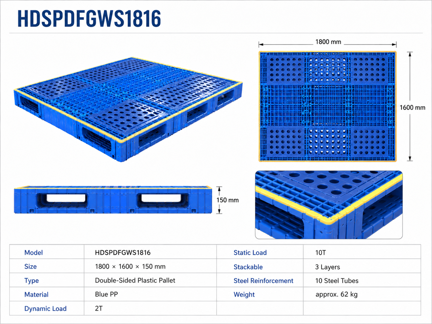 1800x1600x150 mm Modular Plastic Pallet