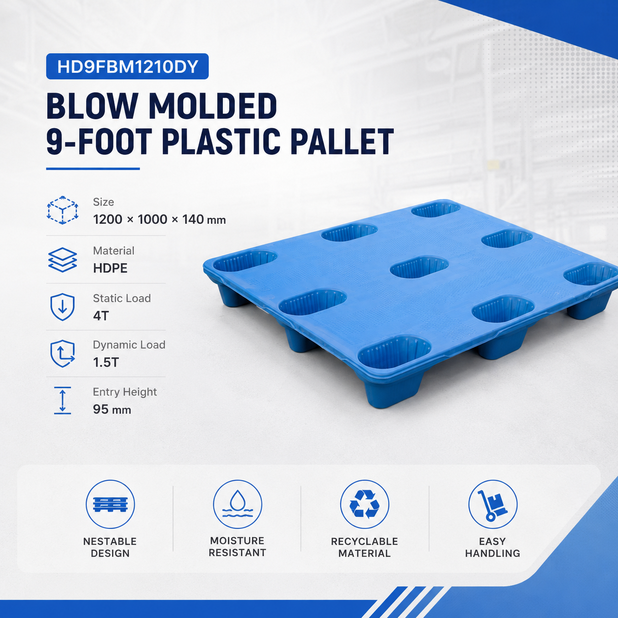 1200x1000x140 mm Blow Molded Plastic Pallet