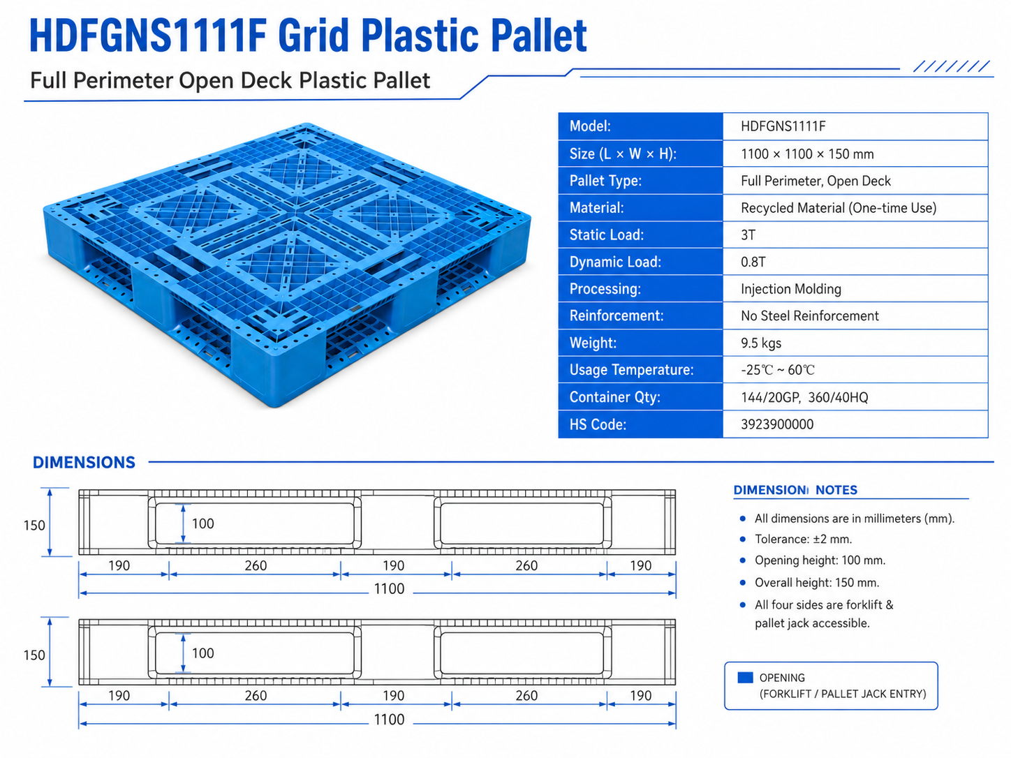 HDFGNS1111F Full Perimeter Open Deck Plastic Pallet