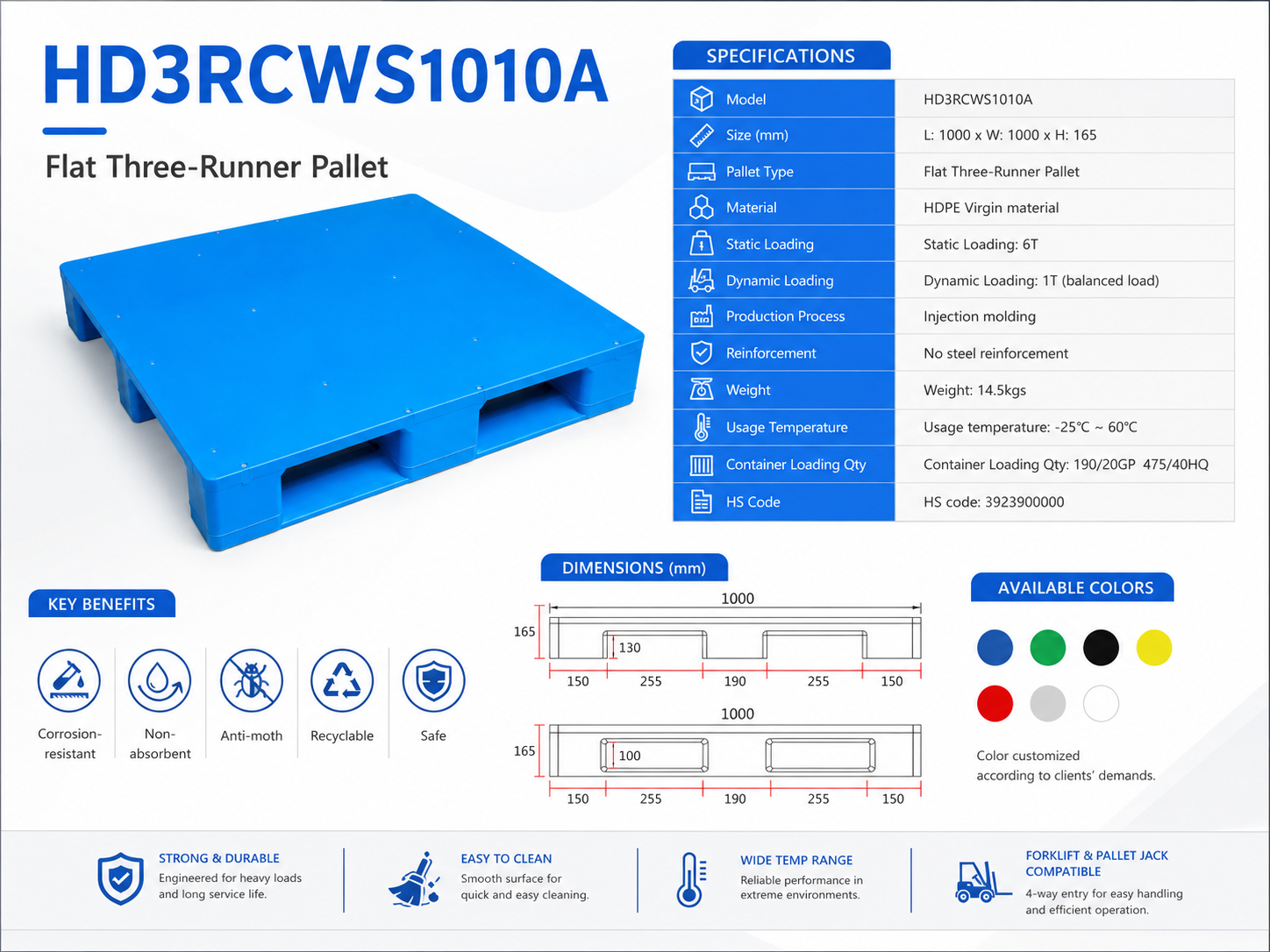 1000x1000x165 mm Three-Runner Solid Top Plastic Pallet