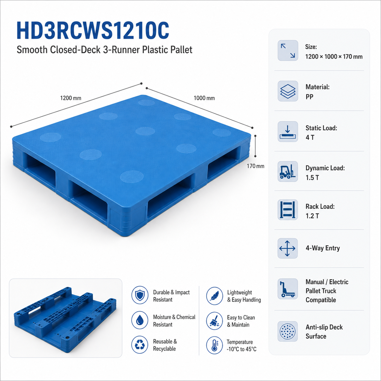 1200x1000x170 mm Three-Runner Solid Top Plastic Pallet