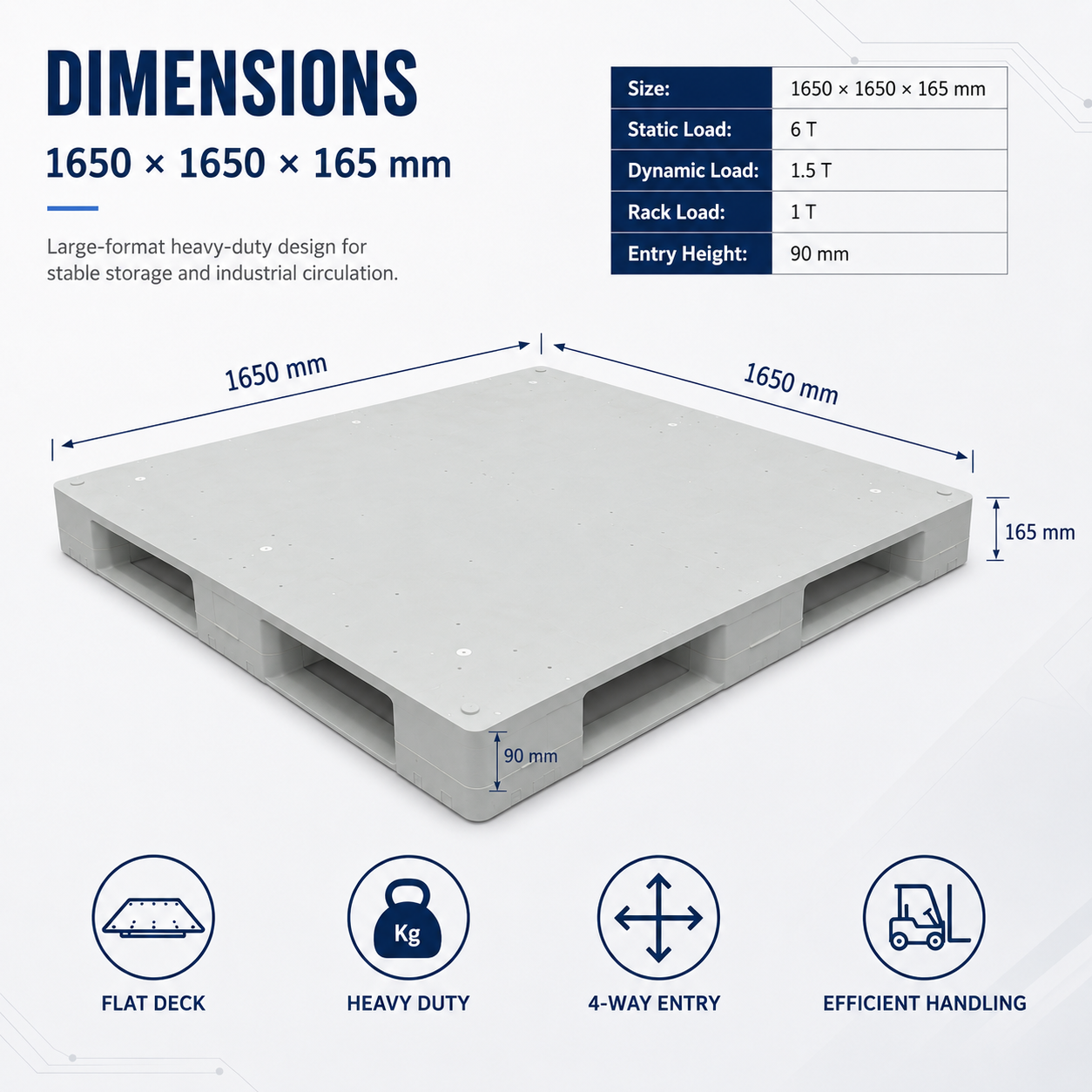 1650x1650x165 mm Three-Runner Solid Top Plastic Pallet