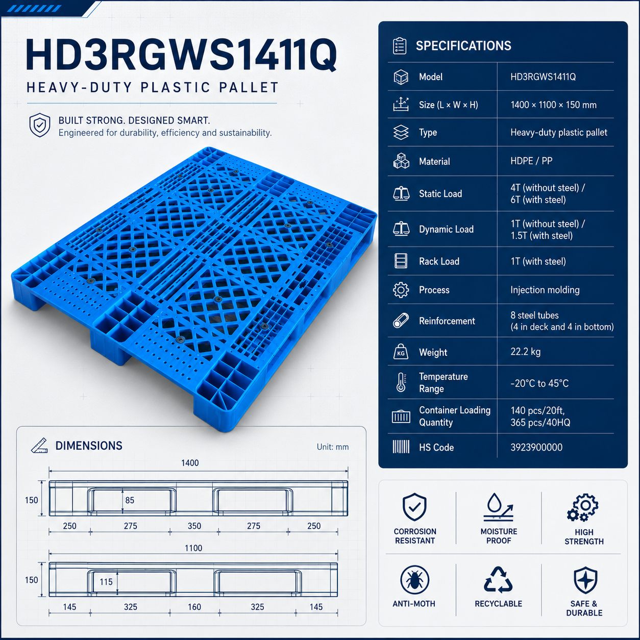 1400x1100x150 mm Three-Runner Open Deck Plastic Pallet