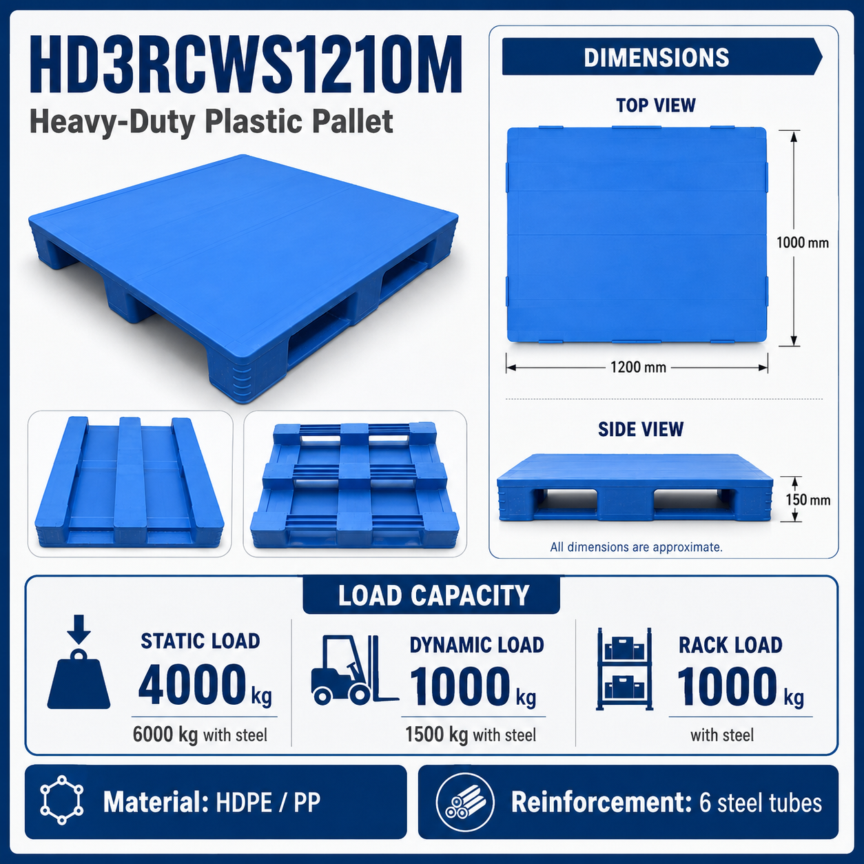 1200x1000x150 mm Three-Runner Solid Top Plastic Pallet