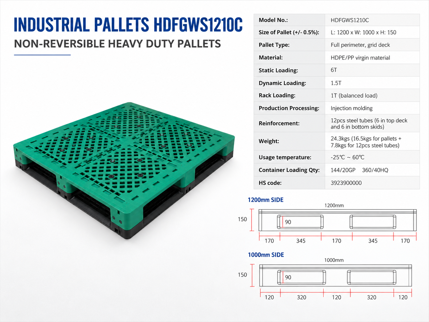 1200x1000x150 mm Full Perimeter Solid Top Plastic Pallet