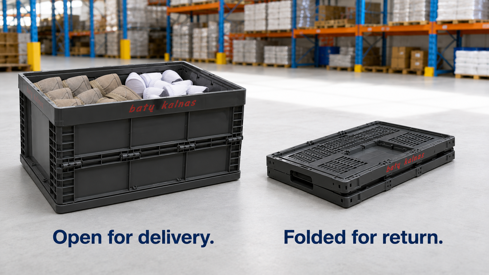 Foldable plastic containers folded for compact empty return in retail store distribution