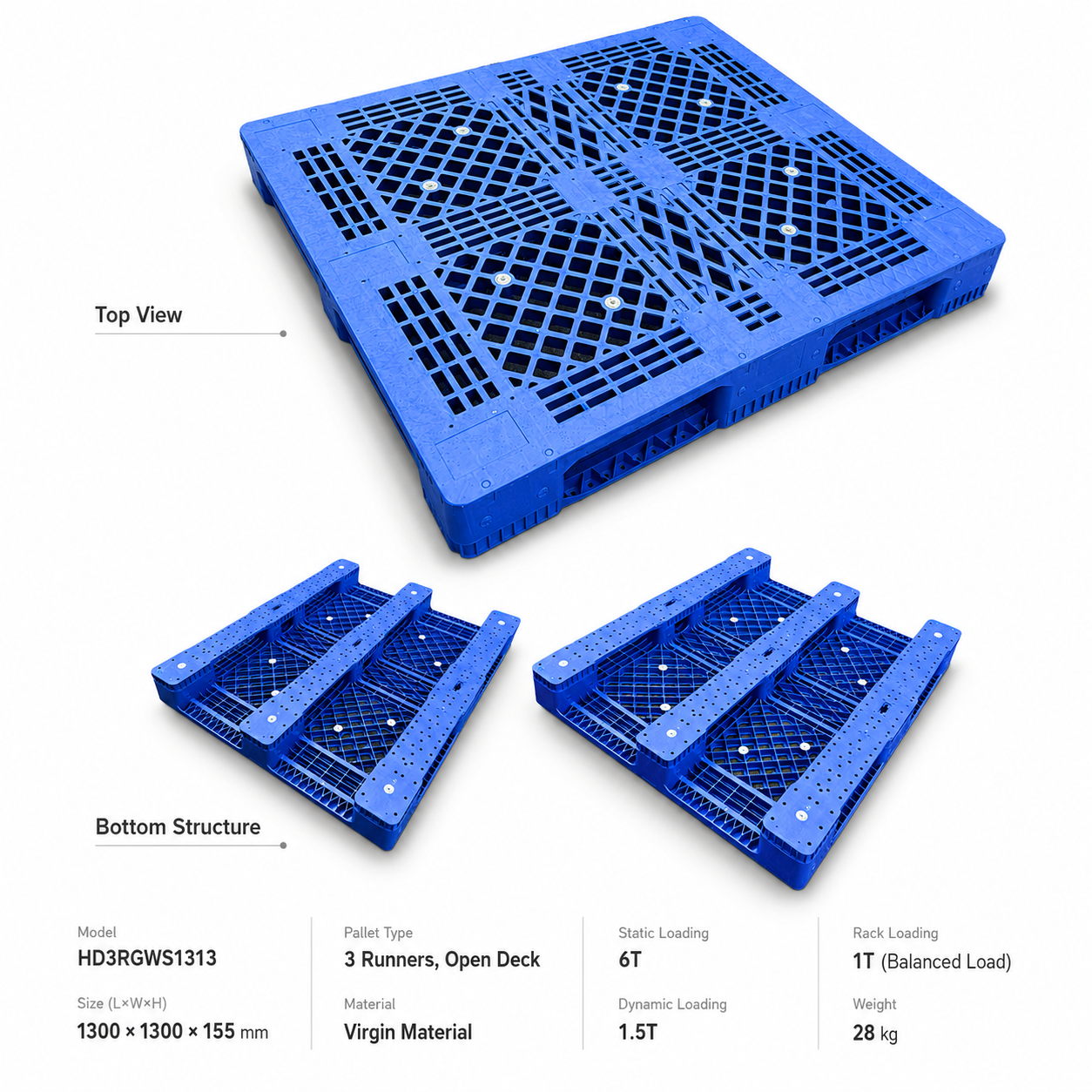 HD3RGWS1313 Three-Runner Open Deck Plastic Pallet