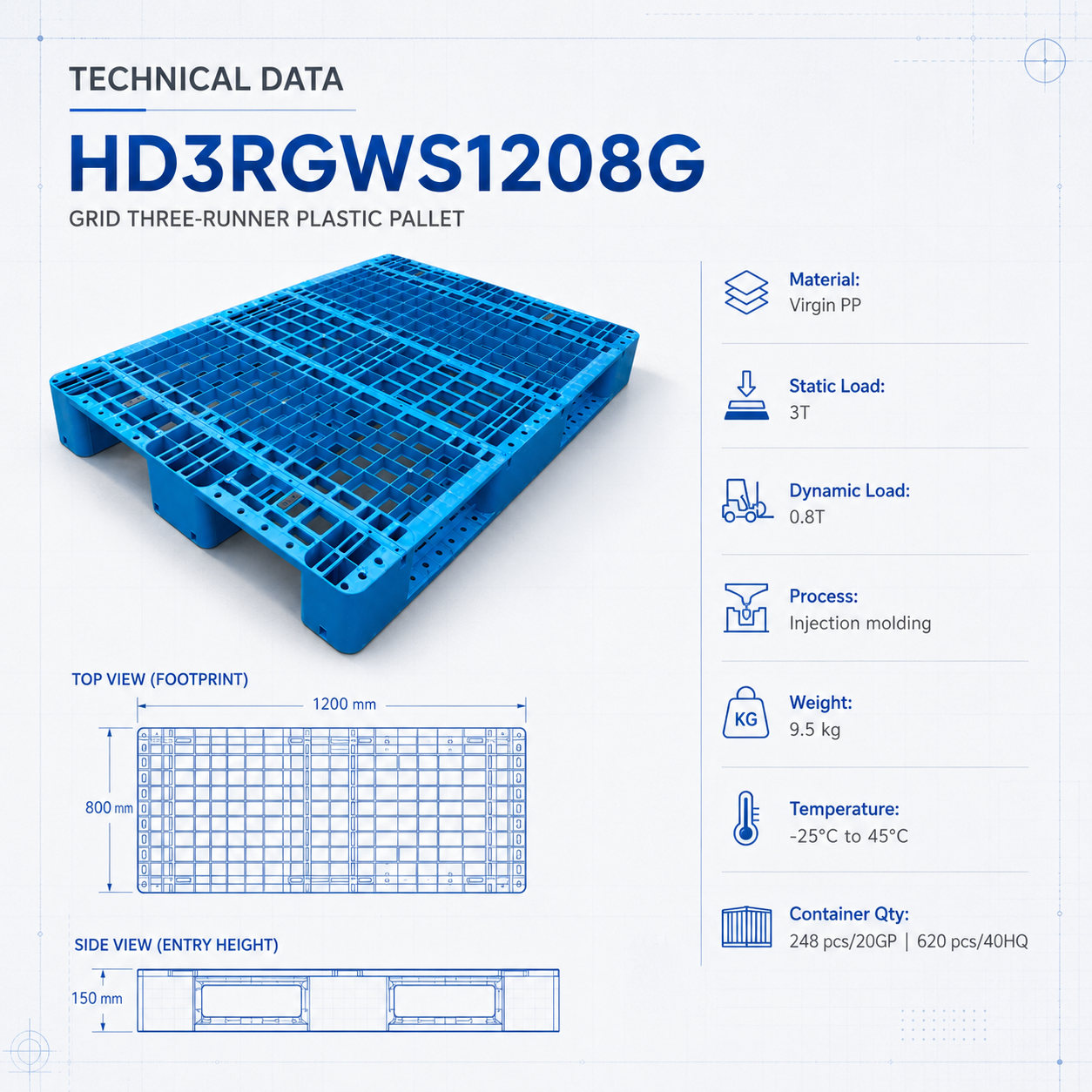 1200x800x150 mm Three-Runner Open Deck Plastic Pallet