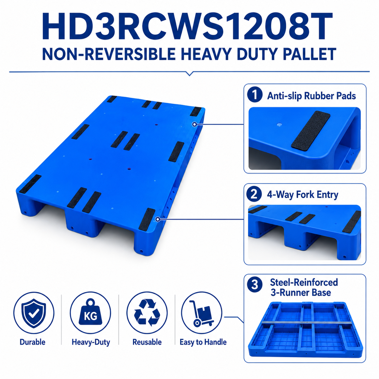 1200x800x150 mm Three-Runner Solid Top Plastic Pallet
