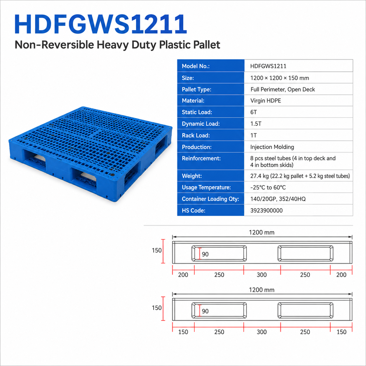 1200x1200x150 mm Full Perimeter Open Deck Plastic Pallet