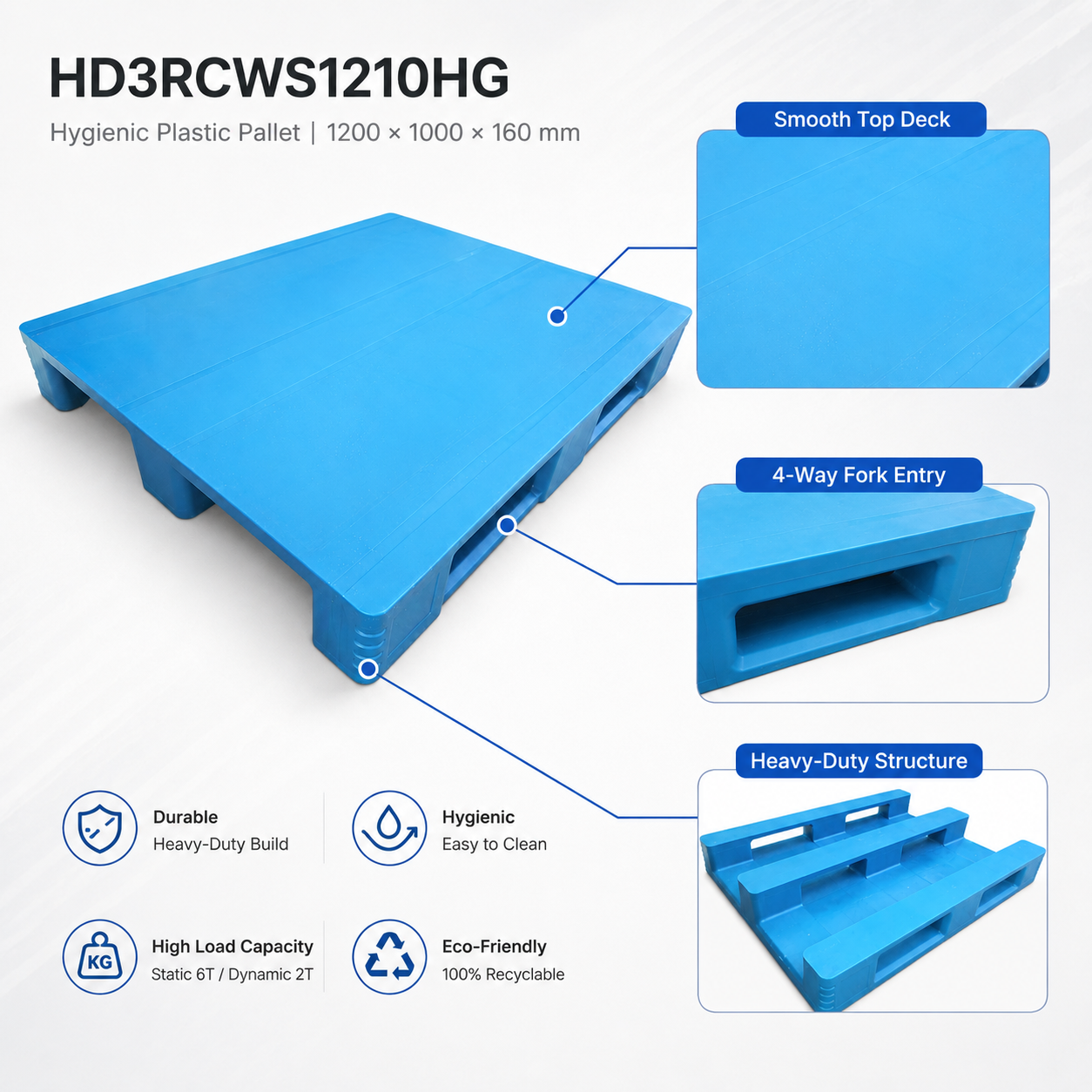 1200x1000x160 mm Three-Runner Solid Top Plastic Pallet