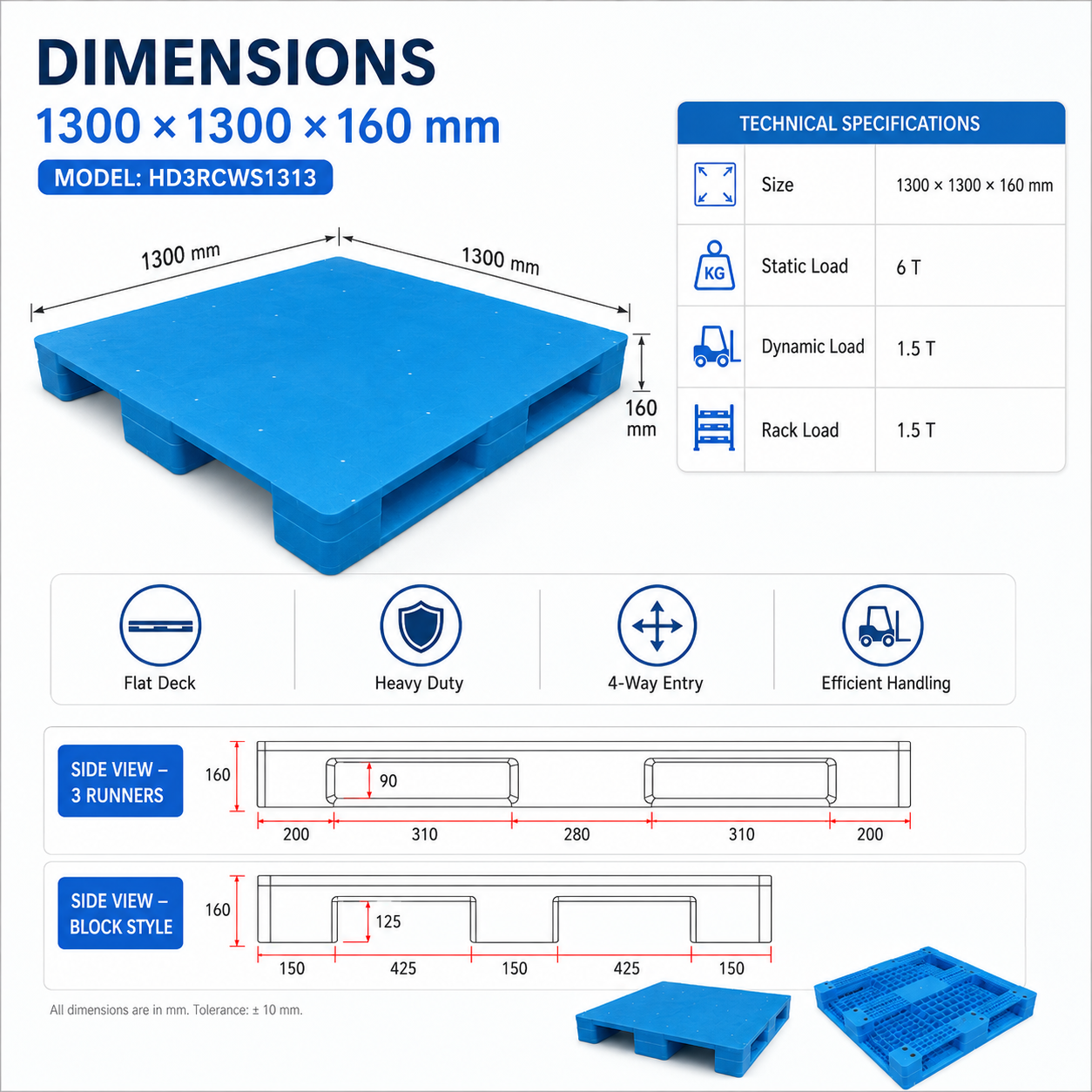HD3RCWS1313 Three-Runner Solid Top Plastic Pallet