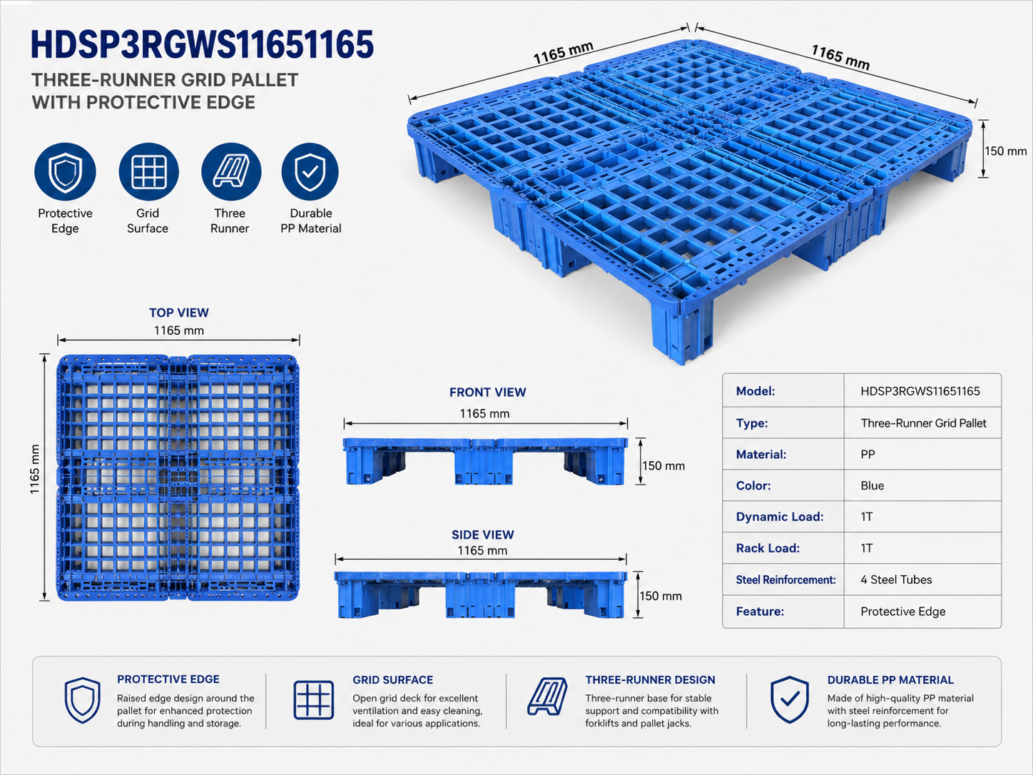 1165x1165x150 mm Modular Plastic Pallet