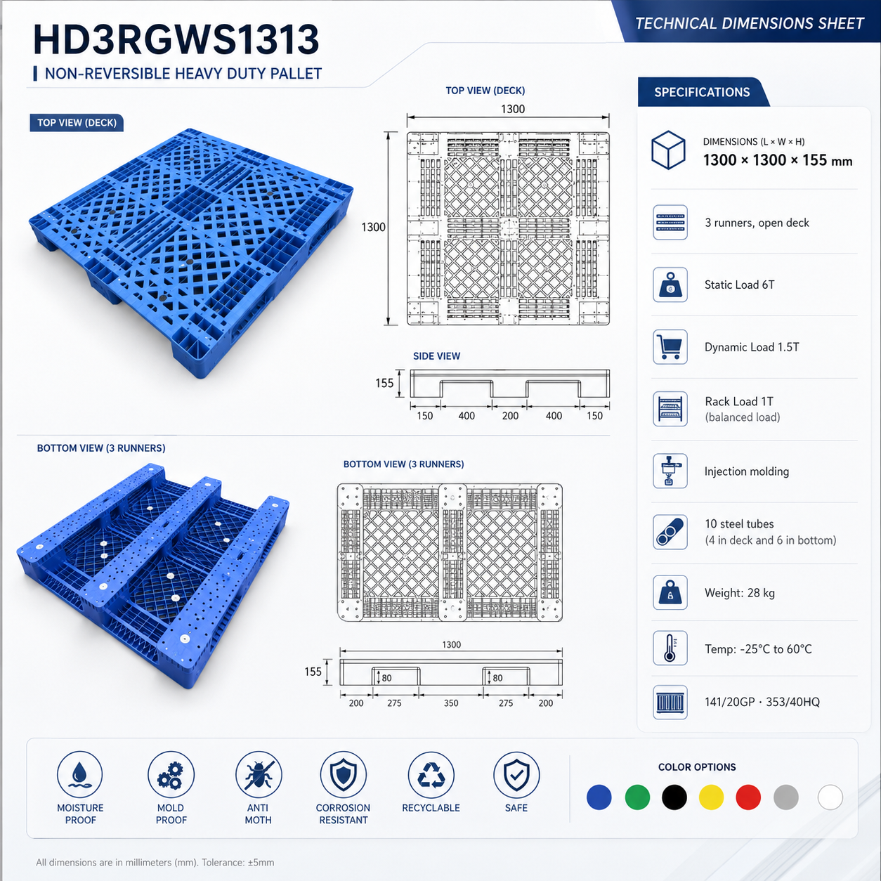 HD3RGWS1313 Three-Runner Open Deck Plastic Pallet