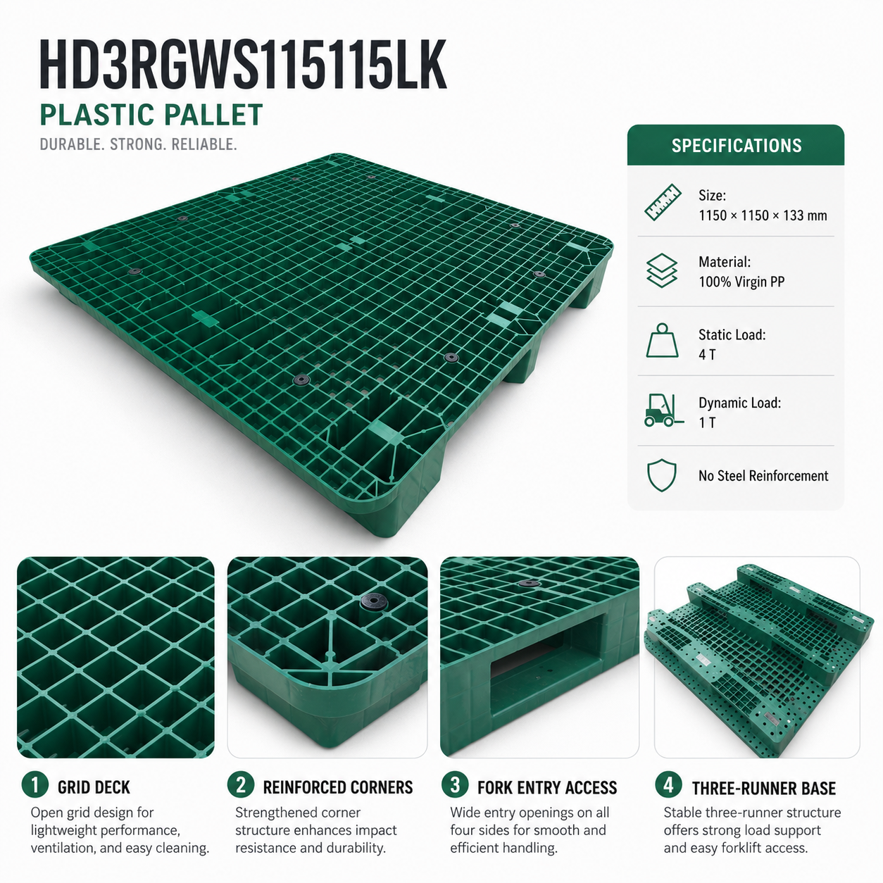 HD3RGWS115115LK Three-Runner Open Deck Plastic Pallet