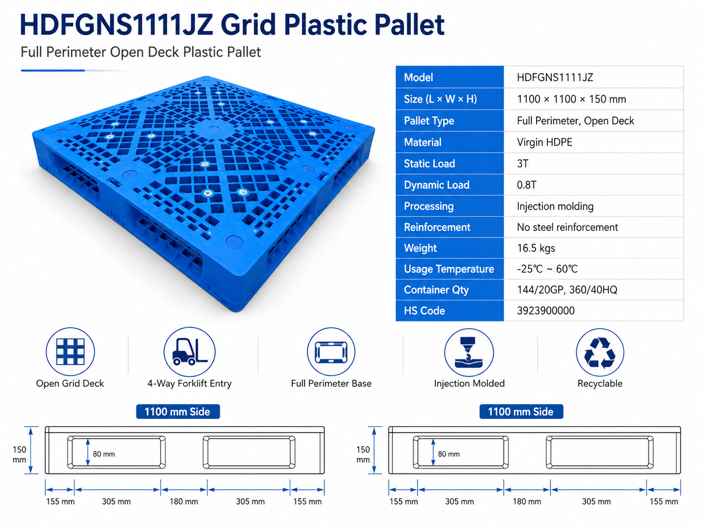 HDFGNS1111JZ Full Perimeter Open Deck Plastic Pallet