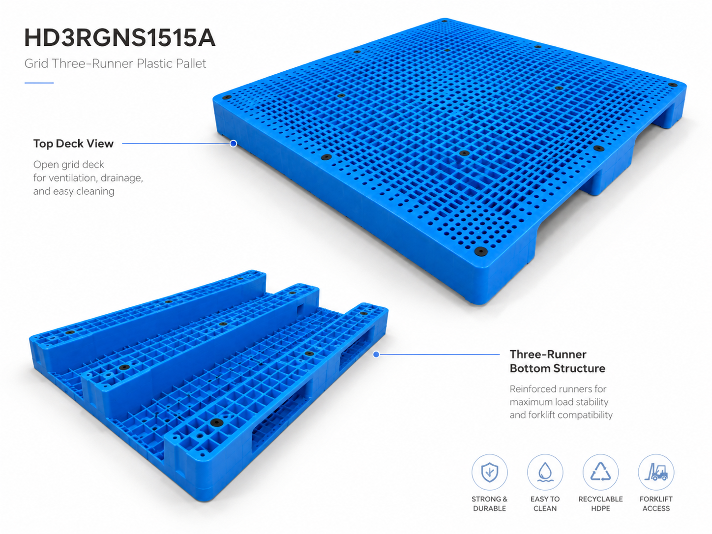 HD3RGNS1515A Three-Runner Open Deck Plastic Pallet