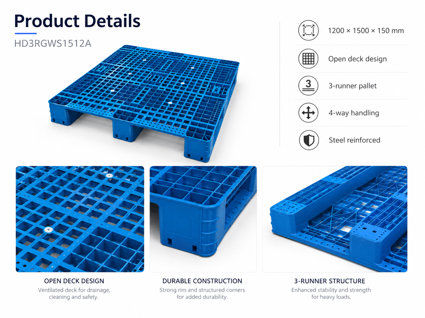 HD3RGWS1512A Three-Runner Open Deck Plastic Pallet