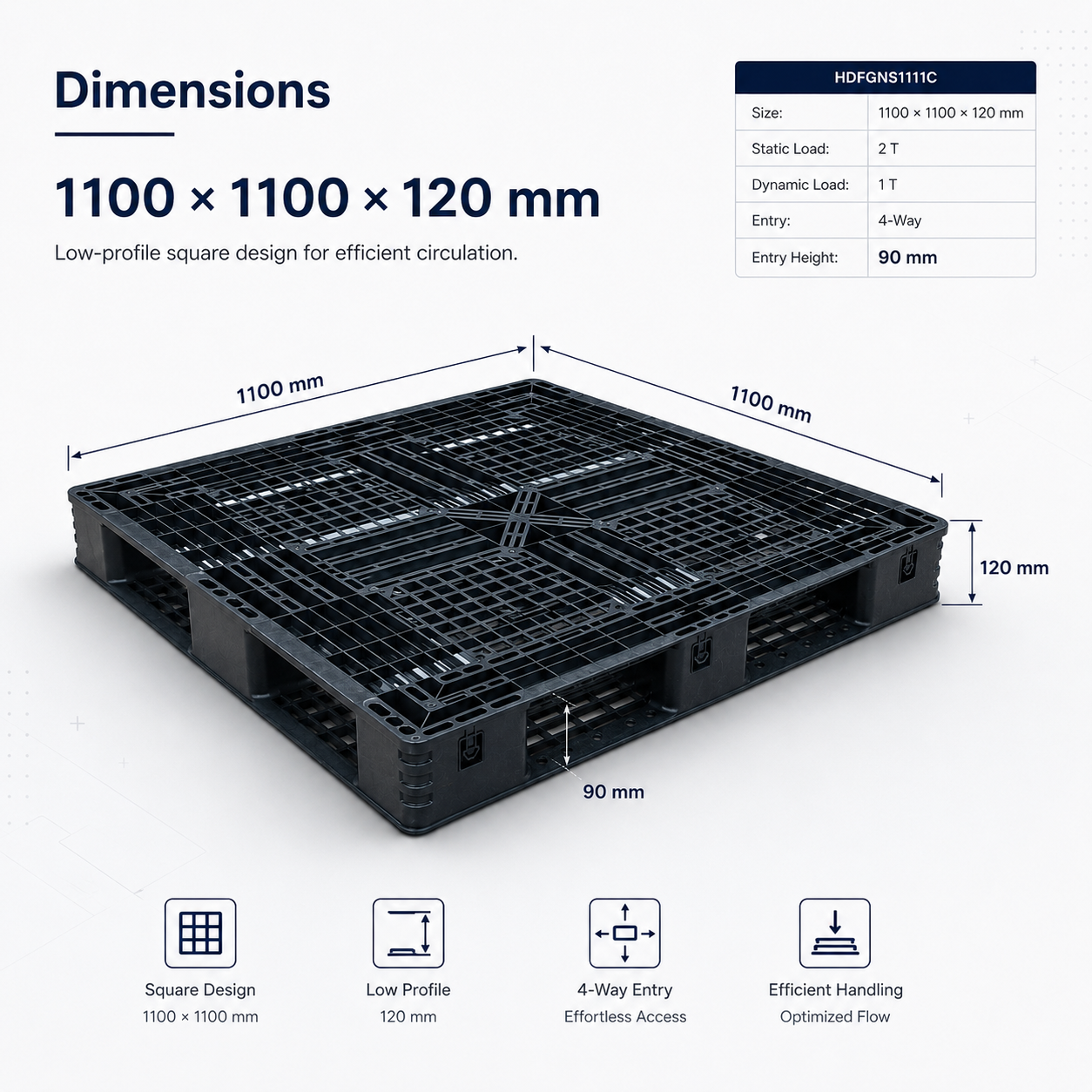 1100x1100x120 mm Full Perimeter Solid Top Plastic Pallet