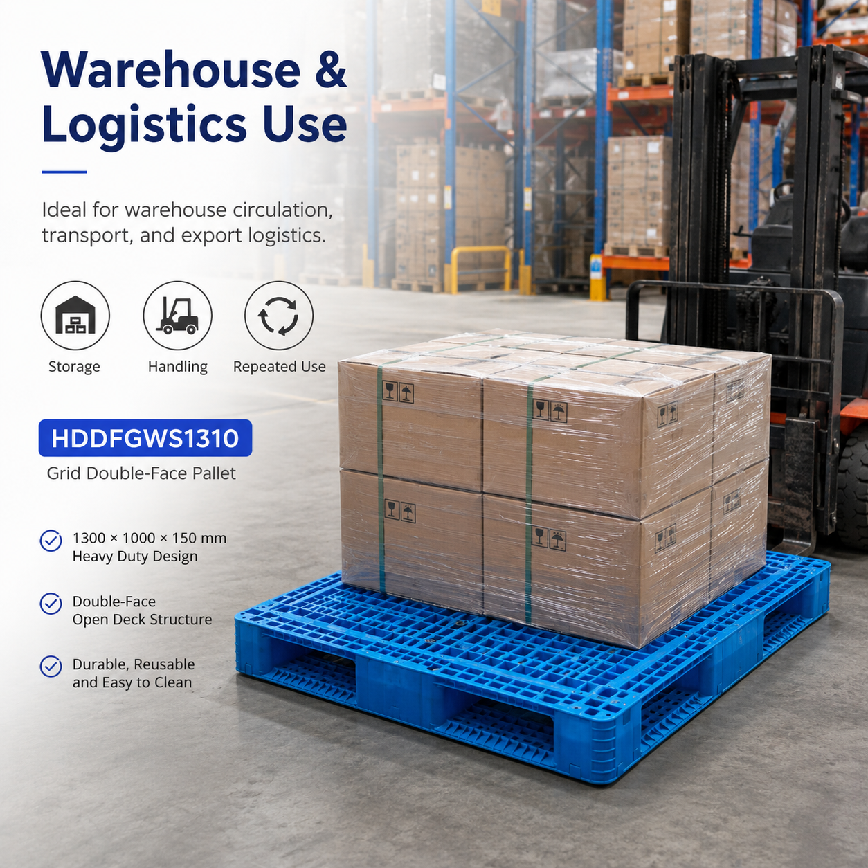 1300x1000x150 mm Double-Face Open Deck Plastic Pallet