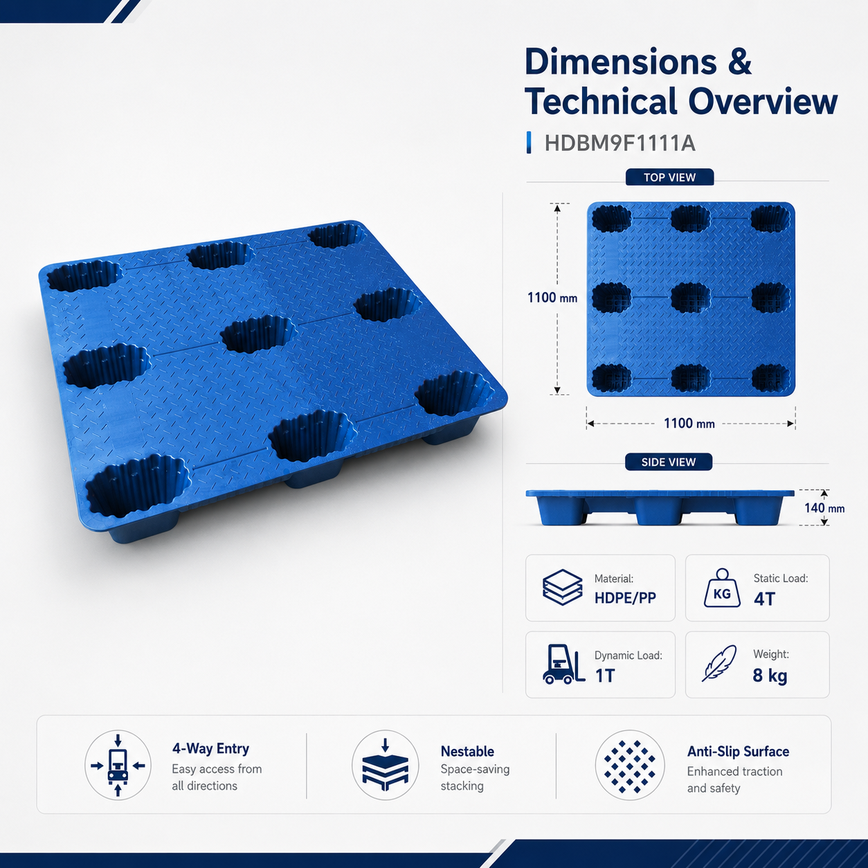 1100x1100x140 mm Blow Molded Plastic Pallet