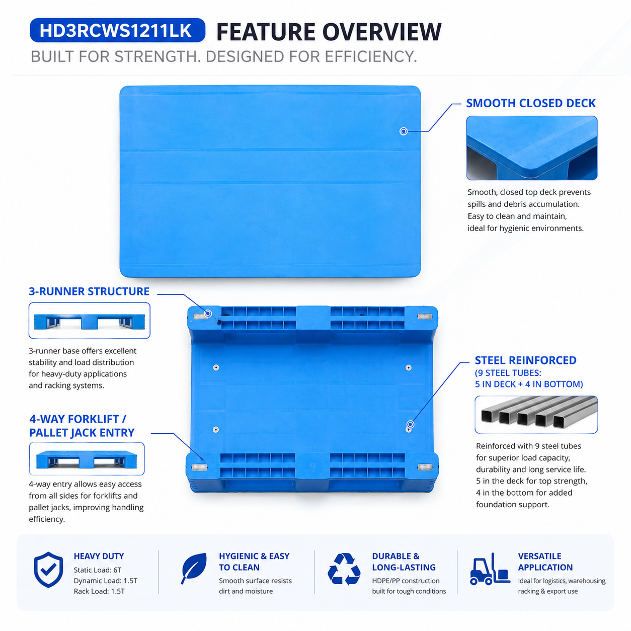 1200x1100x170 mm Three-Runner Solid Top Plastic Pallet