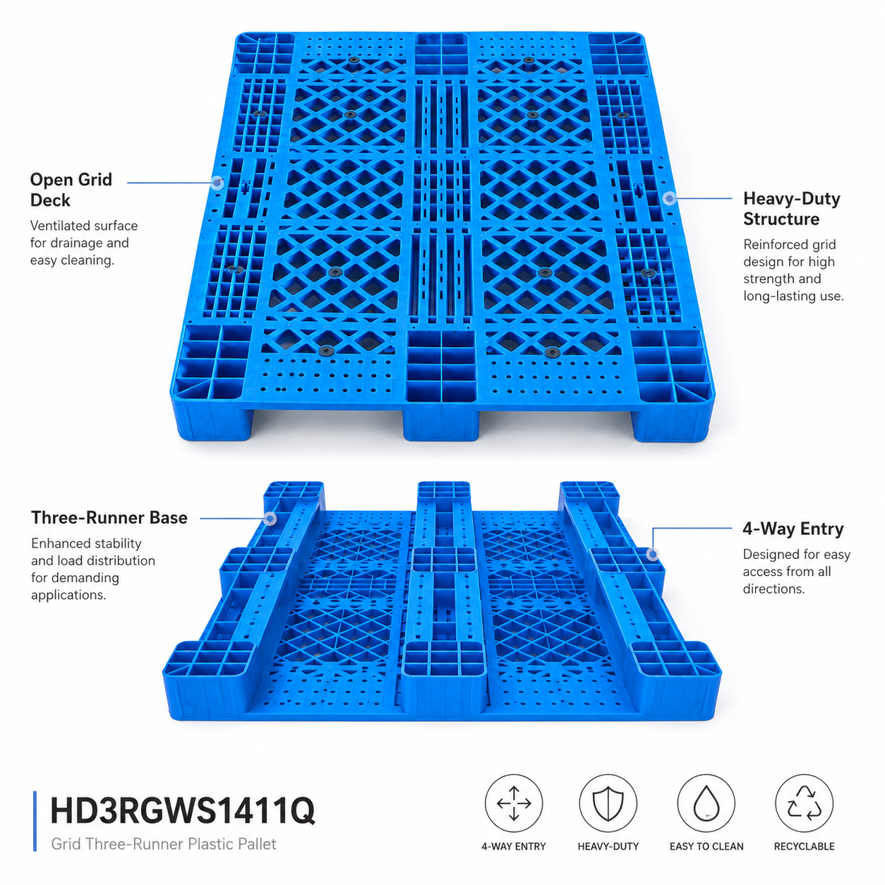 1400x1100x150 mm Three-Runner Open Deck Plastic Pallet