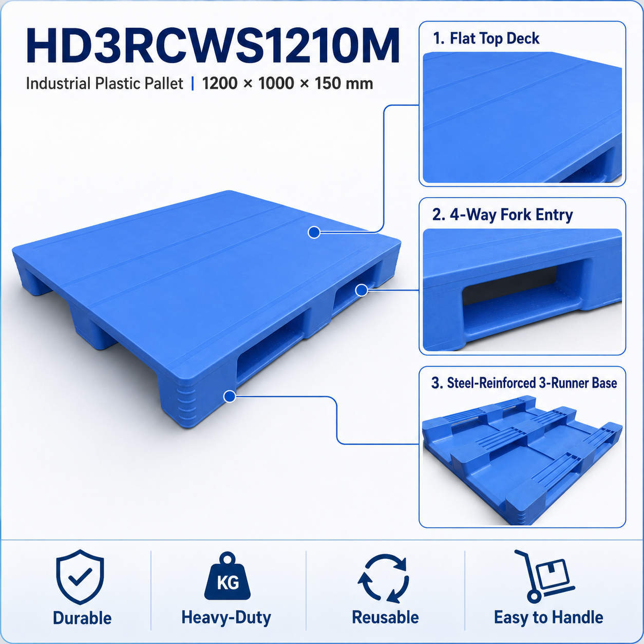 1200x1000x150 mm Three-Runner Solid Top Plastic Pallet