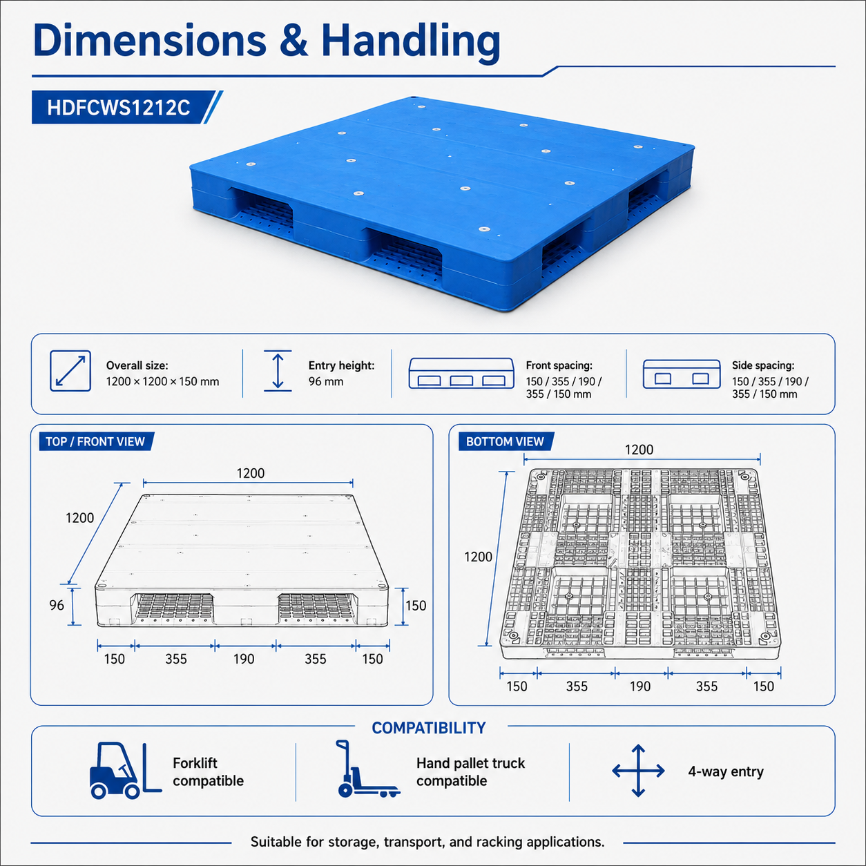 1200x1200x150 mm Full Perimeter Solid Top Plastic Pallet