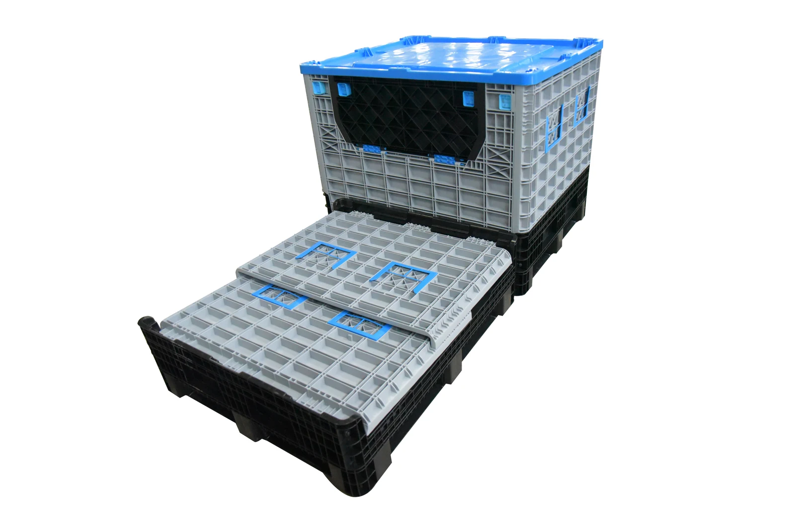 Collapsible plastic pallet containers in assembled and folded states