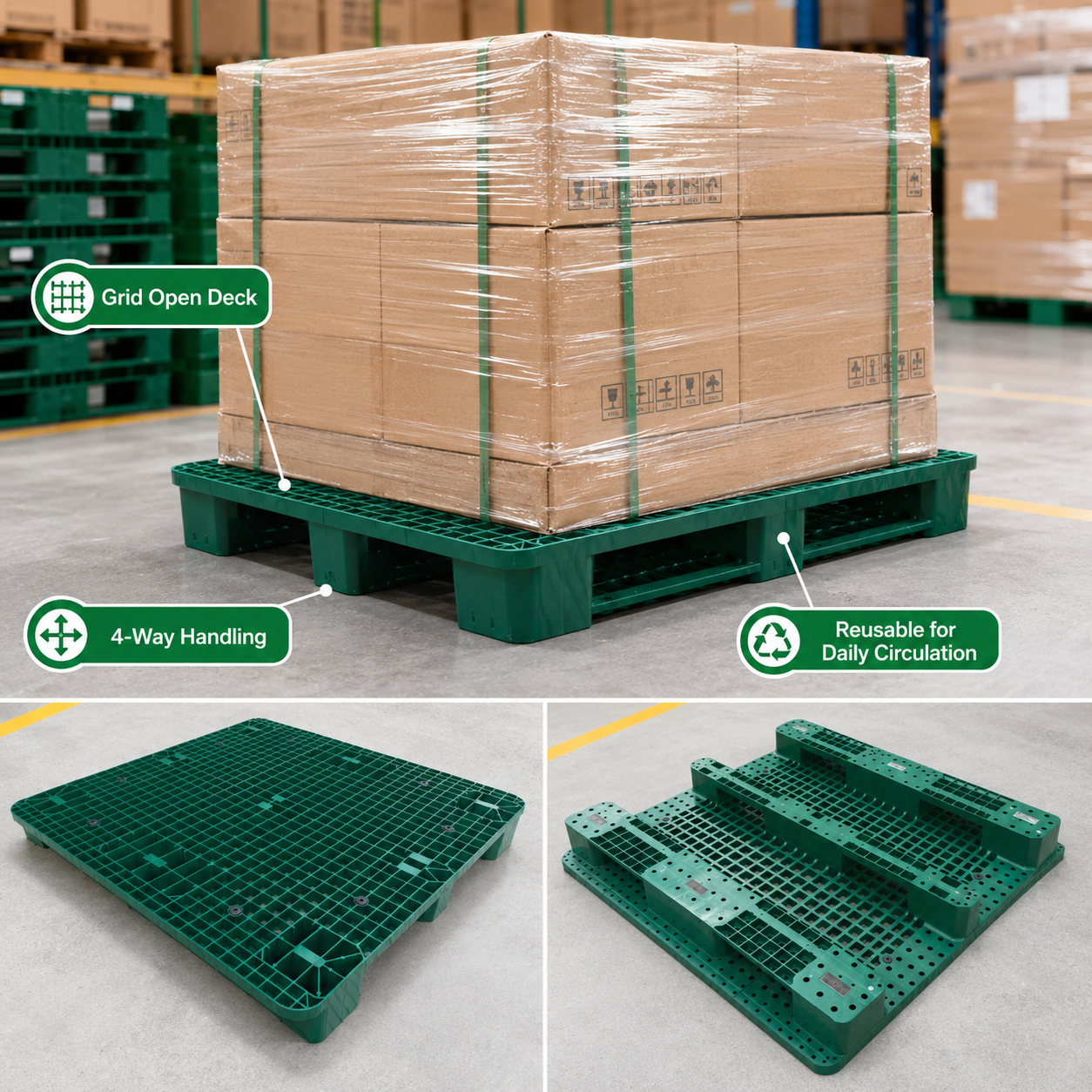 HD3RGWS115115LK Three-Runner Open Deck Plastic Pallet