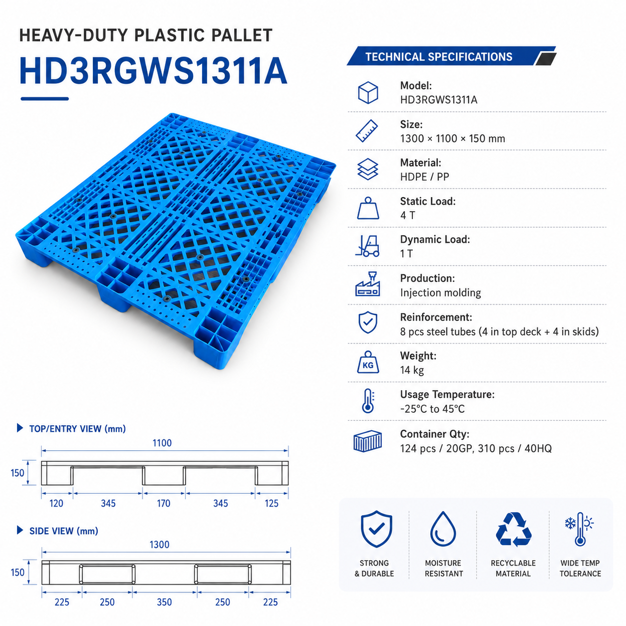 HD3RGWS1311A Three-Runner Open Deck Plastic Pallet