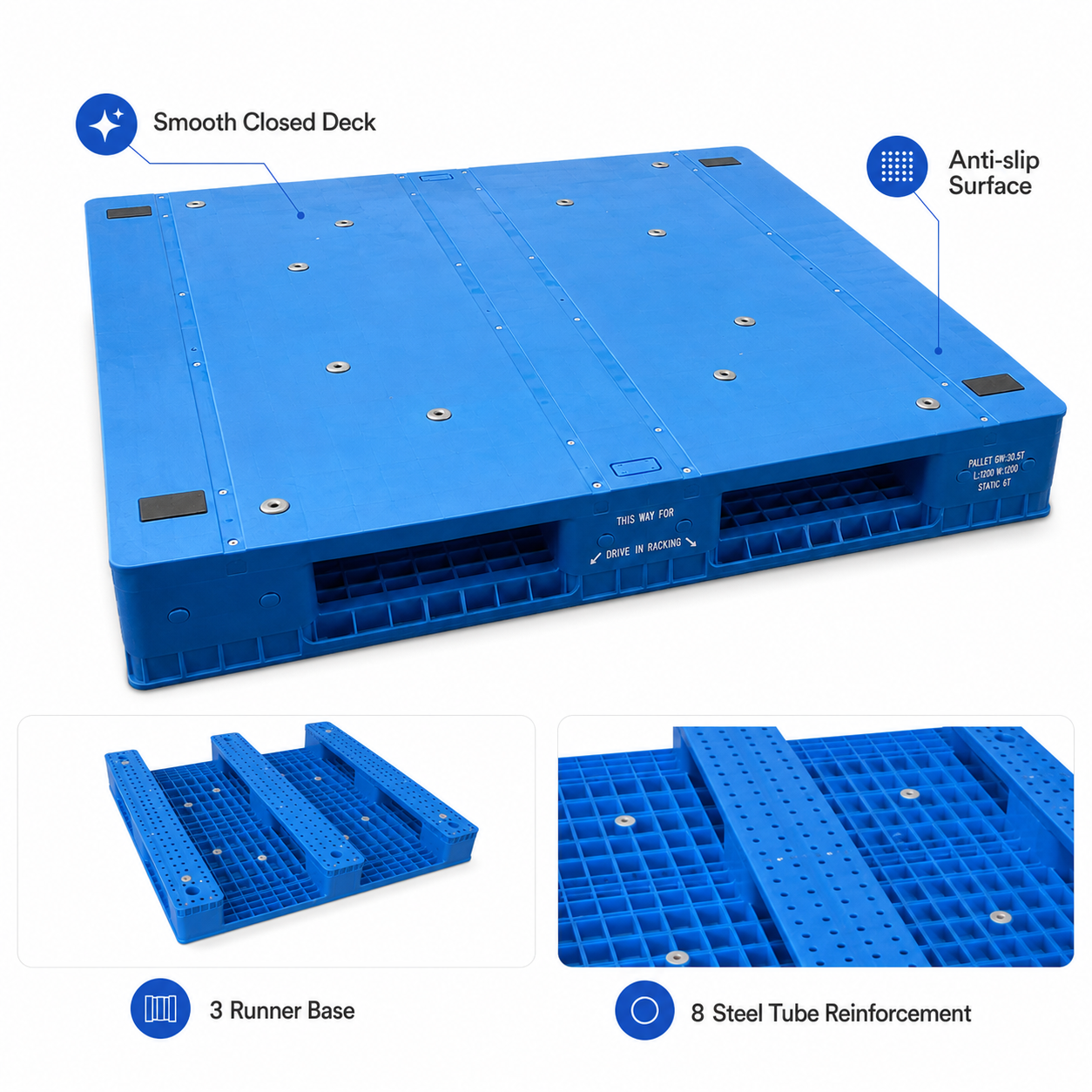 1200x1200x150 mm Three-Runner Solid Top Plastic Pallet